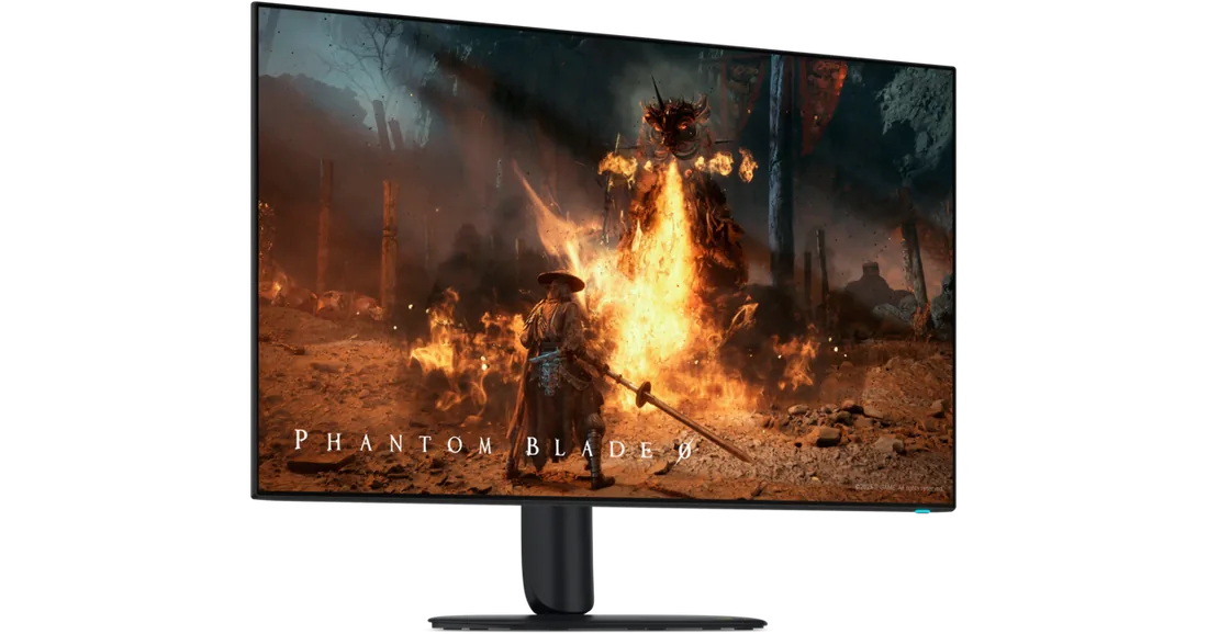 Alienware AW3226Q — Nova Black Alienware AW3226Q; üreticinin oyun görüntülü ön çapraz görünümü.