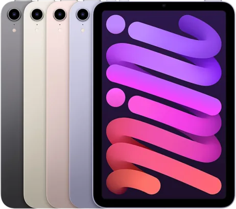 Apple iPad mini (6. nesil) Wi-Fi — Apple’in iPad mini (6. nesil) görseli; Uzay Grisi, Pembe, Mor ve Yıldız Işığı renkler.