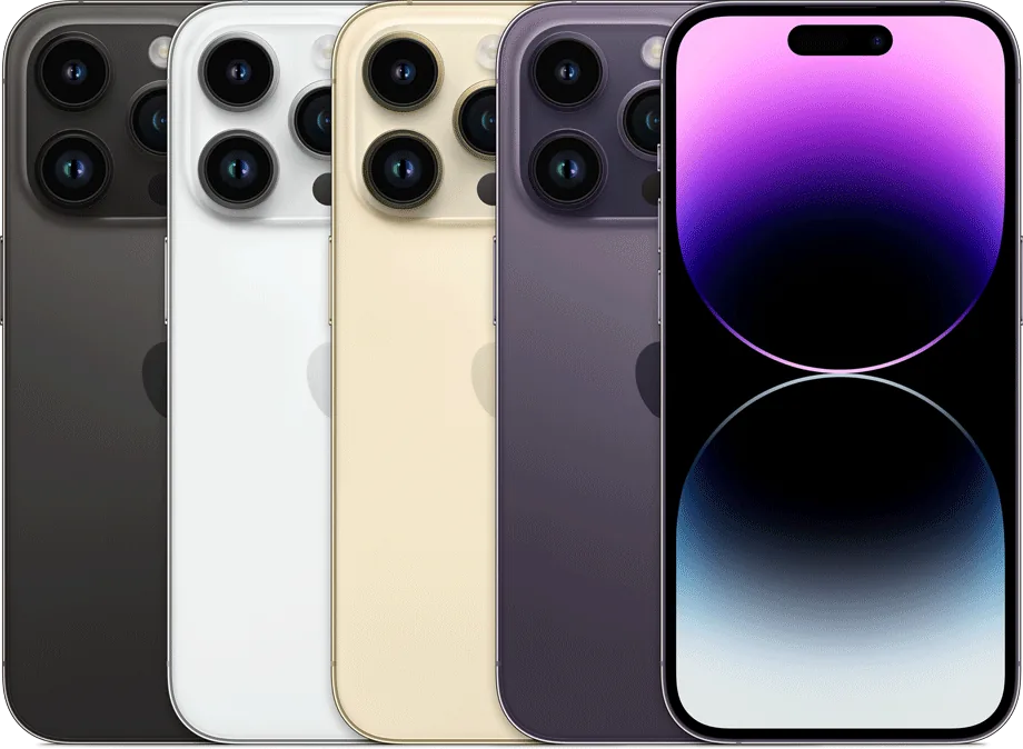 Apple iPhone 14 Pro — The iPhone 14 Pro image from Apple’s tech specs page: Space Black, Silver, Gold and Deep Purple, with the front and Dynamic Island on the right.