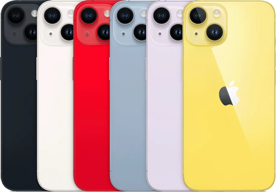 Apple iPhone 14 — Apple’in iPhone 14 görseli; Gece Yarısı, Yıldız Işığı, (PRODUCT)RED, Mavi, Mor ve Sarı renkler.