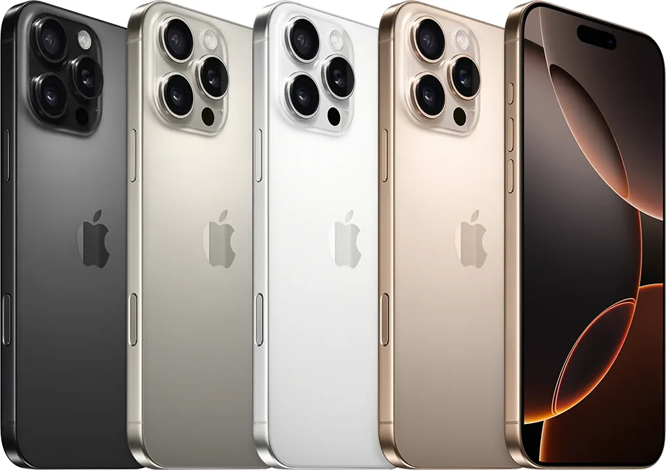 Apple iPhone 16 Pro Max — The iPhone 16 Pro Max from Apple’s tech specs page in Black, Natural, White and Desert Titanium.