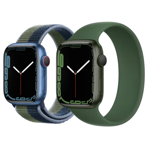 Apple Watch Series 7 (45 mm, GPS) — Apple image of the Apple Watch Series 7 in Blue and Green aluminium; the image does not distinguish the 41 and 45 mm case sizes.
