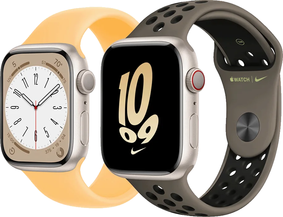 Apple Watch Series 8 (45 mm, GPS) — The Apple Watch Series 8 image from Apple’s tech specs page: a Starlight aluminium case and a version with a Nike Sport Band; the case size is not stated in the image.