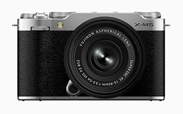 Fujifilm X-M5 — Fujifilm’s product image of the silver X-M5 with the XC15-45mm kit lens.