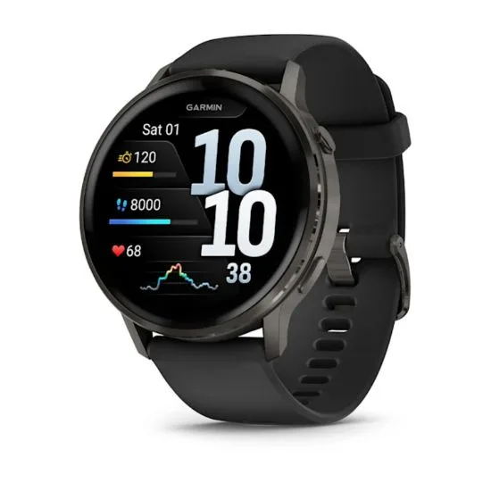 Garmin Venu 4 (45 mm) — Venu 4, 45 mm, Slate case and black silicone band (010-03014-00).