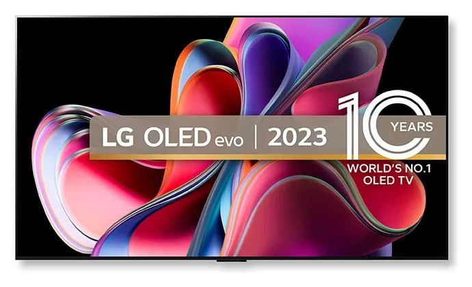 LG OLED evo G3 65-inch (OLED65G36LA) — LG UK product image of the 65-inch G3, with “LG OLED evo 2023” and 10-year text on screen.