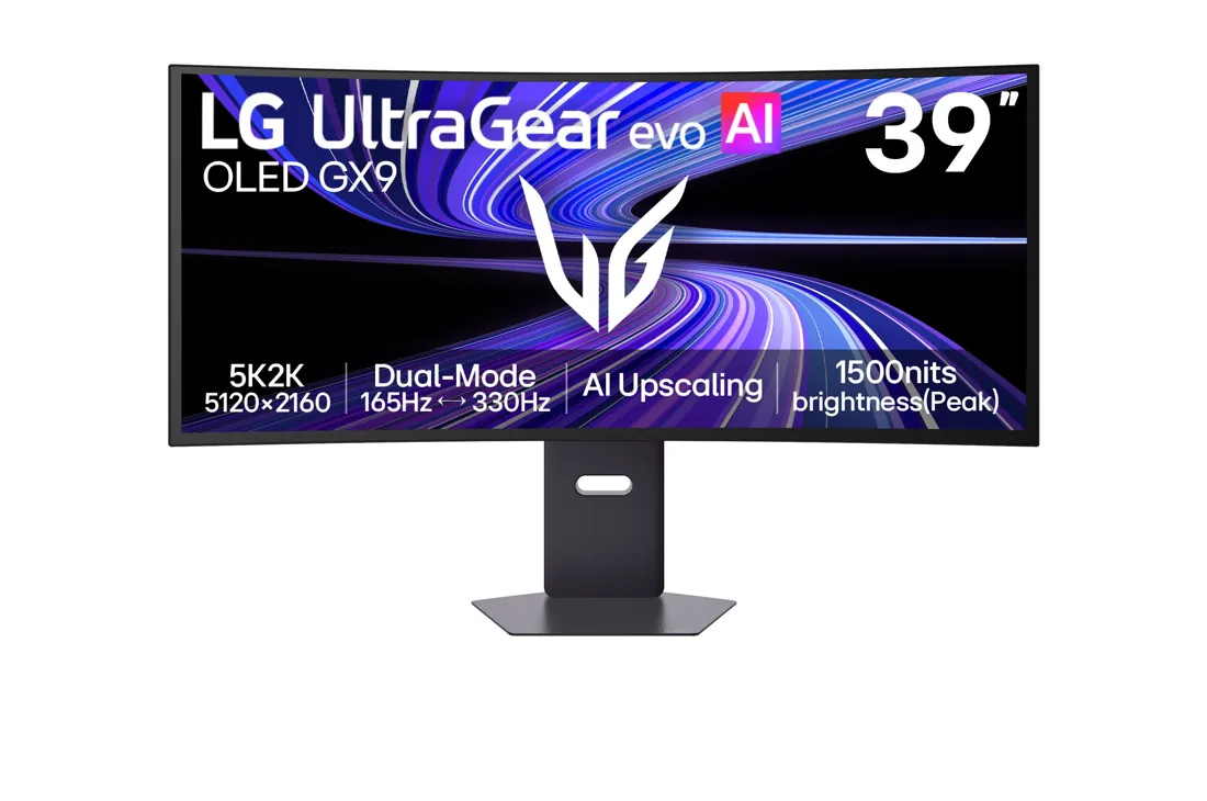 LG UltraGear evo GX9 39GX950B-B — LG UK model sayfasındaki siyah 39GX950B’nin ön görünümü; ekrandaki yazılar tanıtım görselidir.