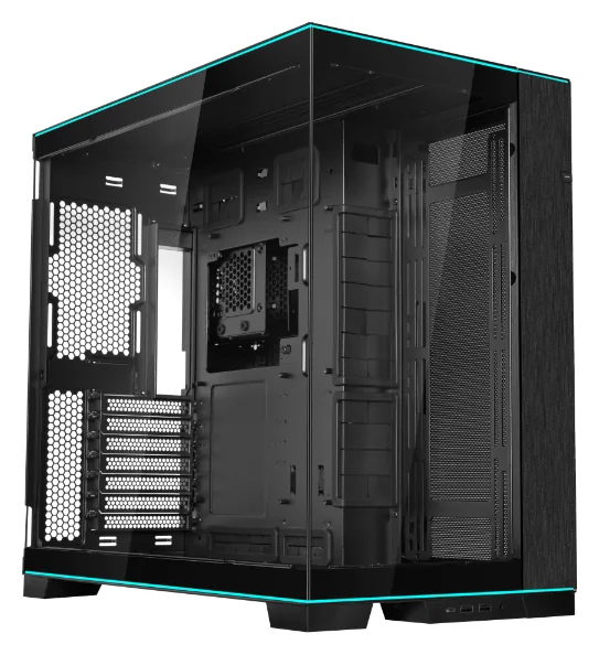 Lian Li O11 Dynamic EVO RGB — Lian Li’s black O11D EVO RGB case with the top and bottom ARGB strips lit.