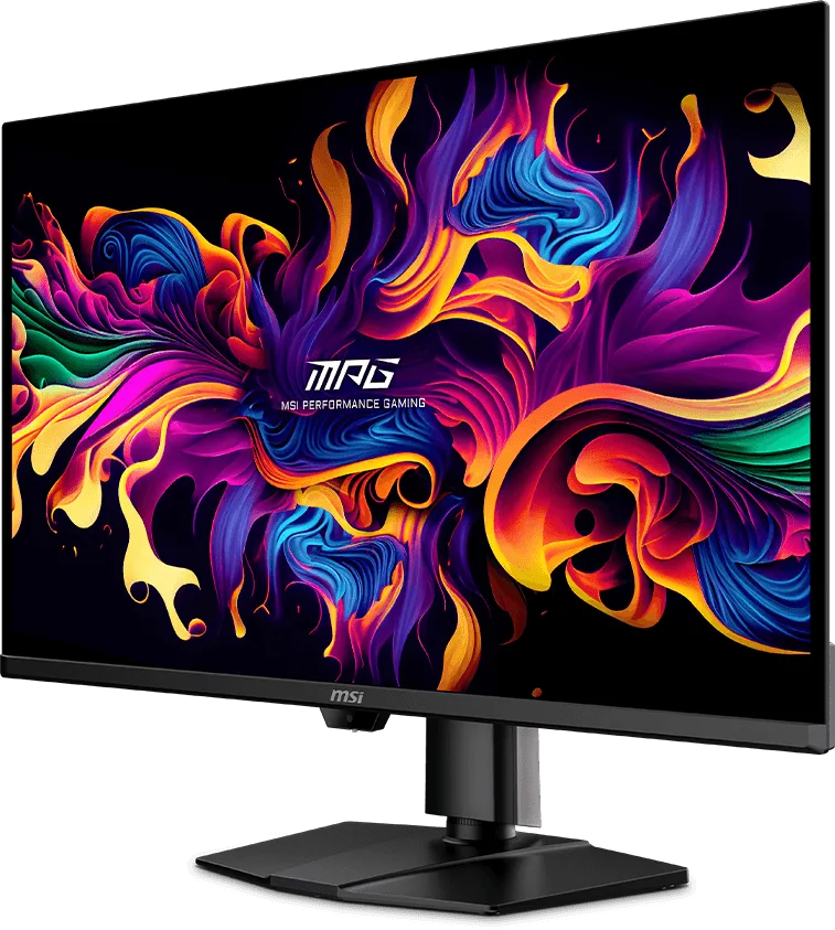 MSI MPG 322UR QD-OLED X24 — MSI black MPG 322UR QD-OLED X24 monitor; angled front view.