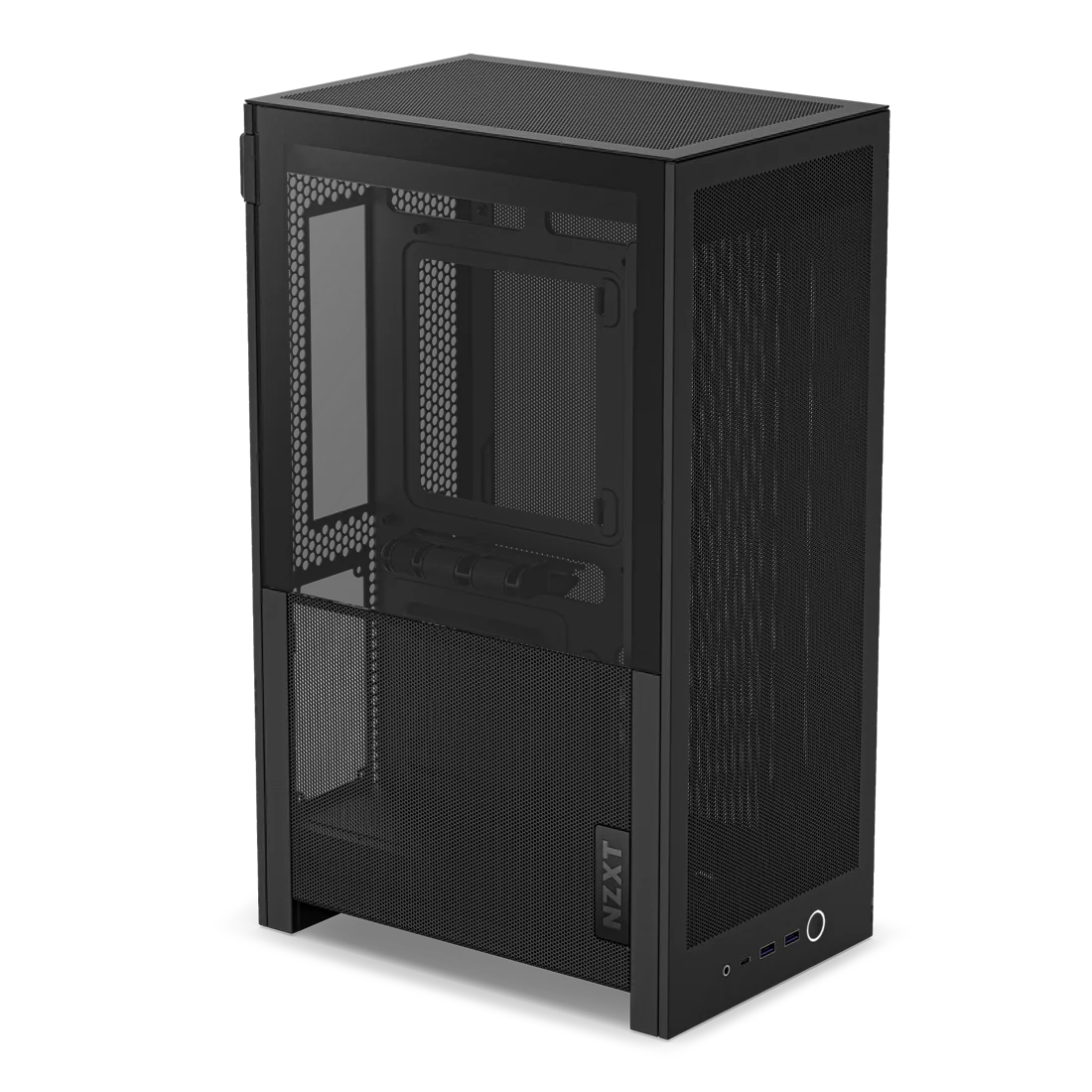 NZXT H2 Flow (2026) — Siyah NZXT H2 Flow CI-H21FB-01; bileşen takılmamış kasanın ön ve cam/mesh yan görünümü.