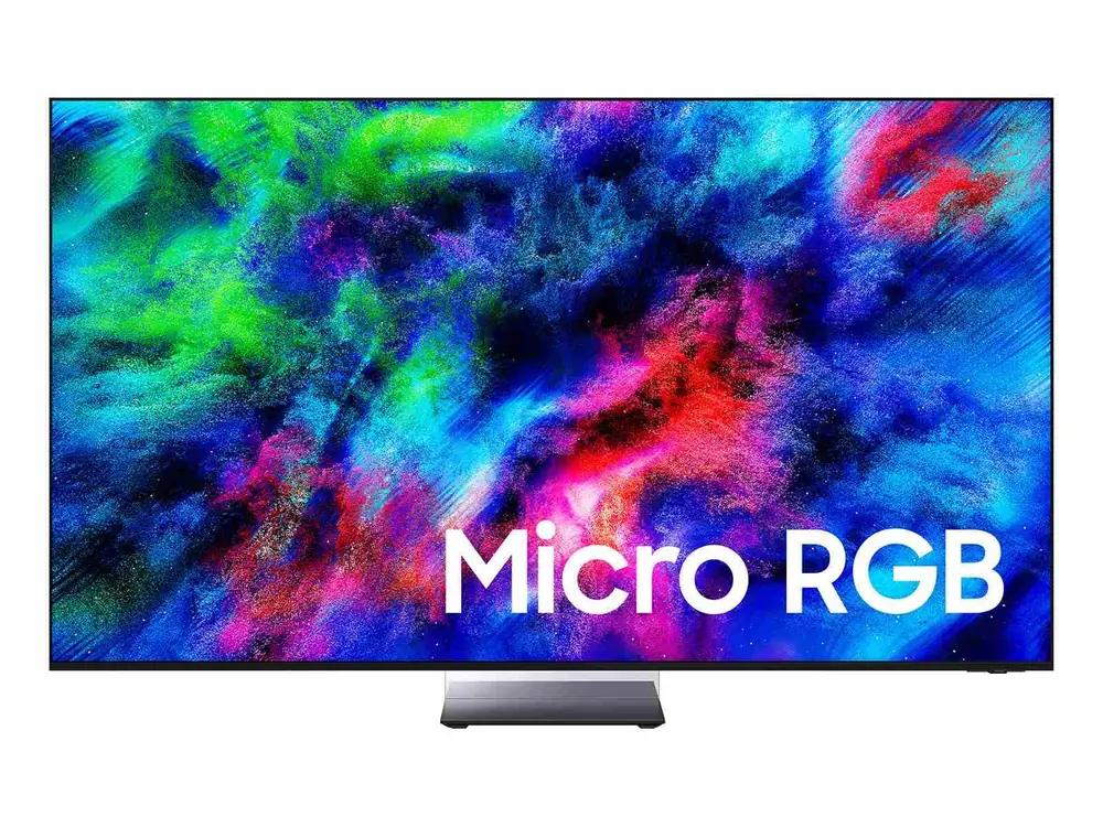 Samsung R95H 65 inç — Samsung R95H 65 inç (MRN65R95HAFXZA), ön görünüm; ekrandaki "Micro RGB" yazısı üreticinin tanıtım görselinin parçası, merkez ayaklı.