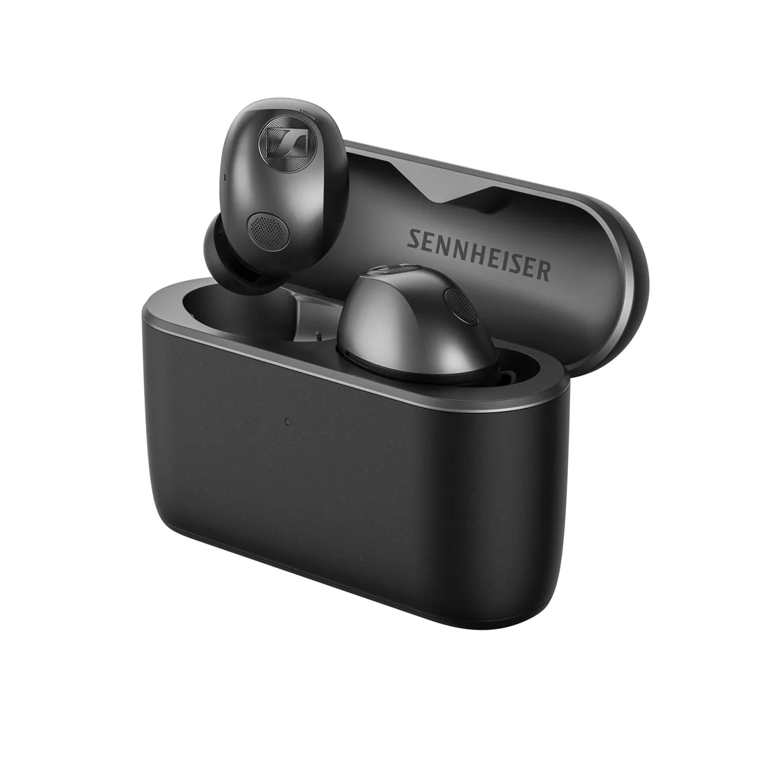 Sennheiser MOMENTUM True Wireless 5 — Sennheiser'in Graphite renkli MOMENTUM True Wireless 5 kulaklıkları ve açık şarj kutusu.