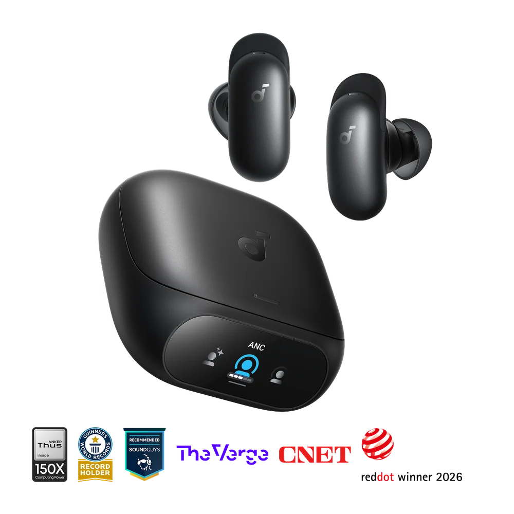soundcore Liberty 5 Pro — D1203Z11 siyah kulaklık ve ekranlı kutu; üreticinin tanıtım görseli.