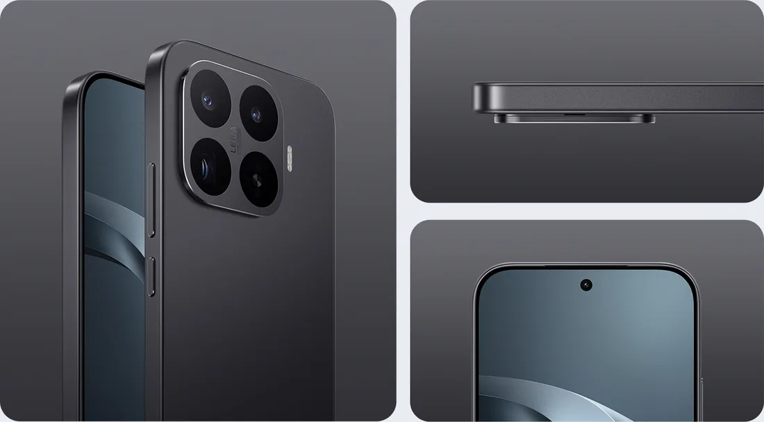 Xiaomi 17T — Siyah Xiaomi 17T'nin üretici kolajı: arka kamera, üst kenar ve ön ekran ayrıntıları.